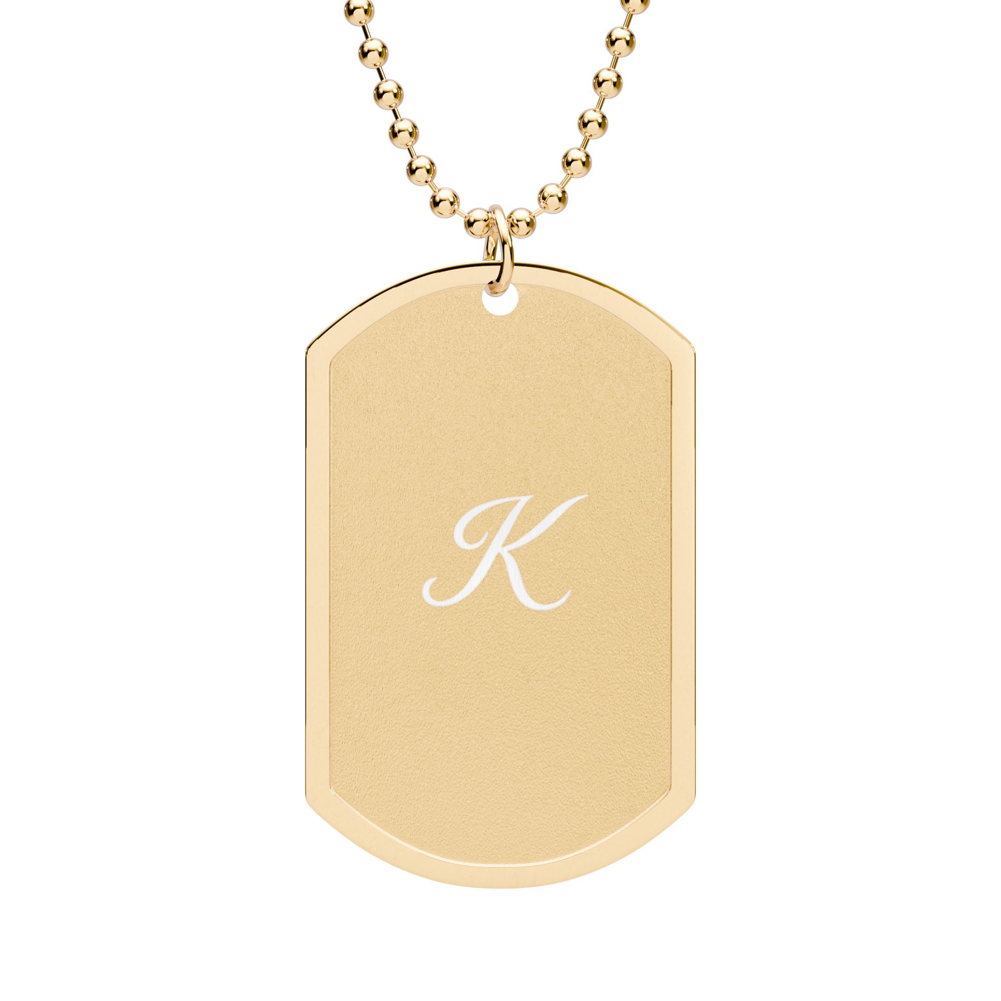 Signature K Gold Dog Tag Necklace — Engraved 'K' Monogram Pendant with Chain
